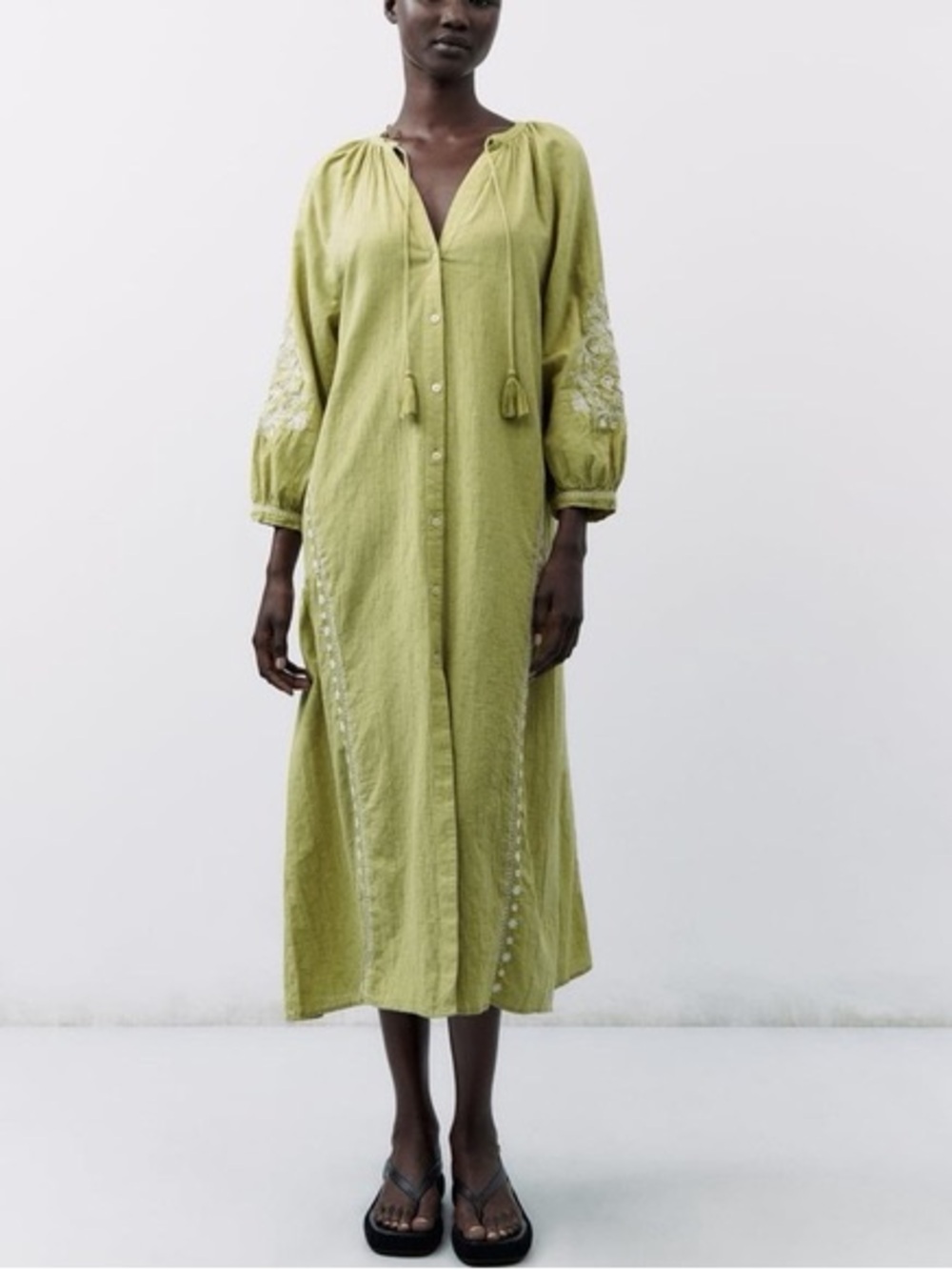 Zara Olive Green Button-Front Midi Dress with Tassel Tie